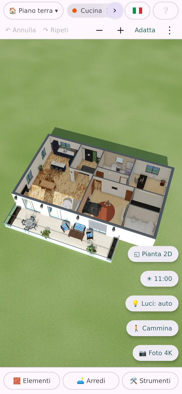 Sagoma sul telefono: la casa in 3D vista dall'alto, con i pulsanti per l'ora del sole e per camminare.