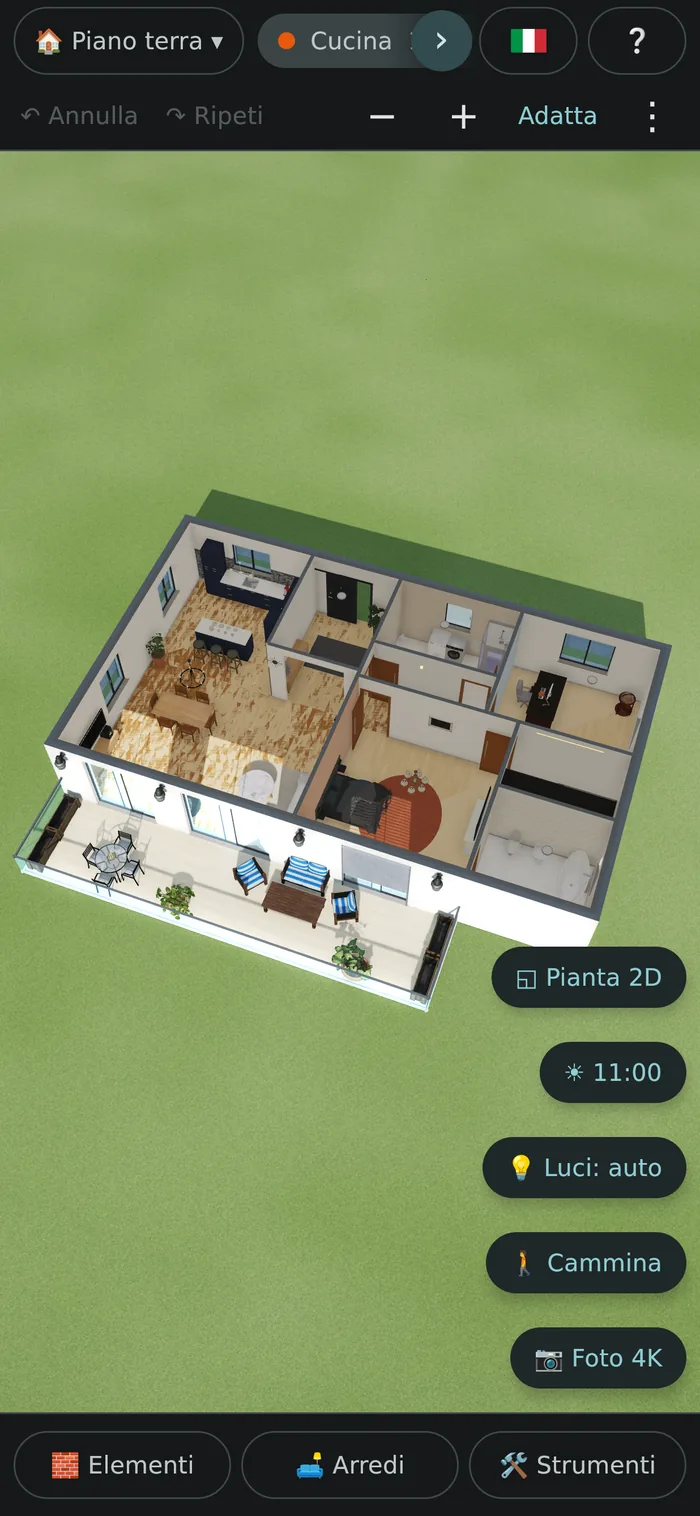 Sagoma sul telefono, tema scuro: la casa in 3D vista dall'alto, con i pulsanti per l'ora del sole e per camminare.