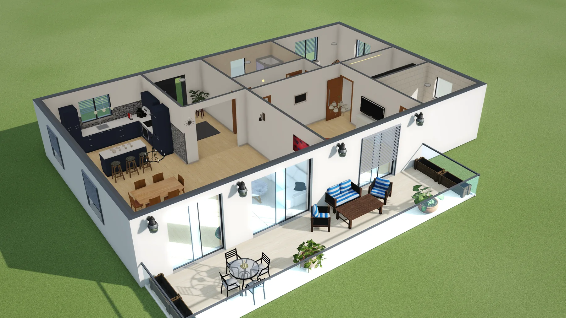Lo stesso appartamento visto dall'alto in 3D senza soffitto, come un plastico: cucina, soggiorno, camera, studio, due bagni e la terrazza arredata.