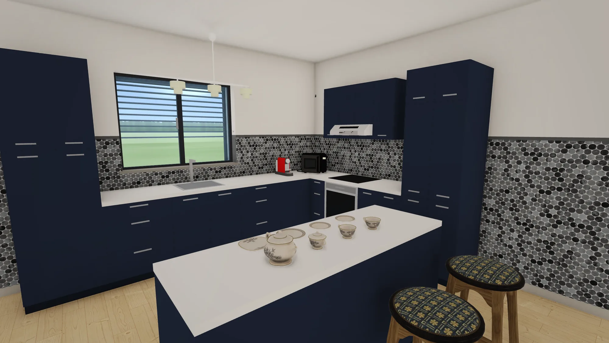 Vista 3D in Sagoma della cucina: ante blu, piano bianco, mosaico grigio alle pareti, isola con un servizio da tè, sgabelli imbottiti e finestra con le veneziane.