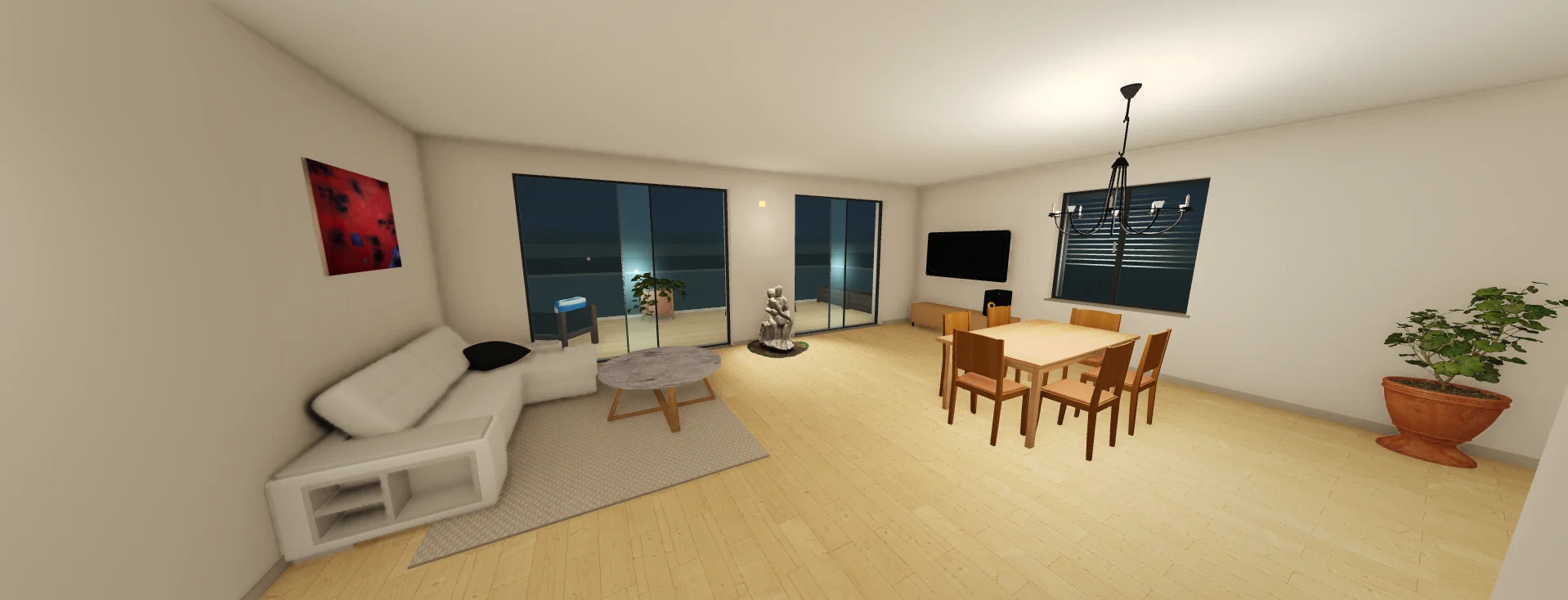 Il 3D di Sagoma camminando nel soggiorno, a mezzanotte: divano ad angolo bianco, tavolino in marmo, quadro rosso, porta finestra sulla terrazza, tavolo da pranzo e lampadario.